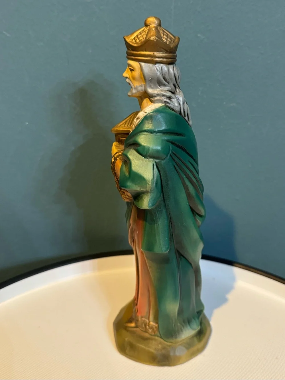 Vintage Decorative 9.5” Nativity King Wise Men Figurine in Green & Gold, Japan